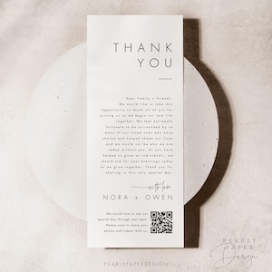 Wedding Thank You Note with QR Code, Modern Thank You Table Cards, Minimalist Thank You Card, Place Setting Note, Editable Templett #064