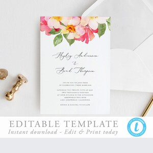 Wedding Invitation Editable Template Floral Invite Blush Boho Florals Rustic Wedding Invitation Download Calligraphy Invitation DIY 08