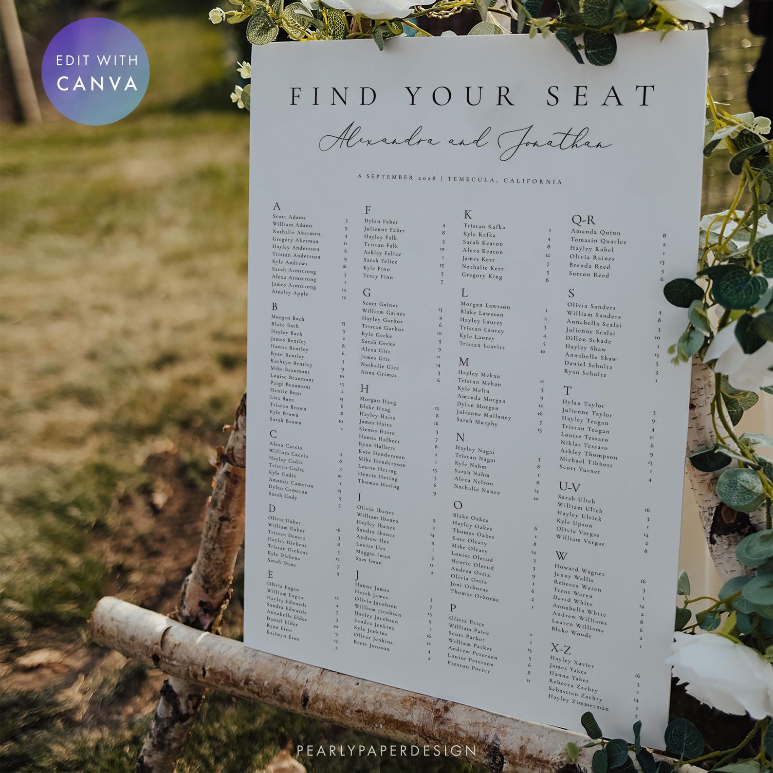 Alphabetical Seating Chart Template, Minimalist Wedding Seating Sign ...
