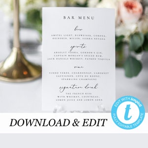 Wedding Bar Menu Template Bar sign Bar menu Signature drinks wedding bar sign Drinks menu sign Printable Instant download Templett 10