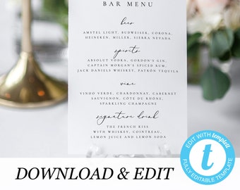 Wedding Bar Menu Template Bar sign Bar menu Signature drinks wedding bar sign Drinks menu sign Printable Instant download Templett 10