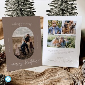 Modello di biglietto di auguri di Natale ovale, biglietto di auguri fotografico Boho Templett, modello di biglietto di auguri di Natale semplice, biglietto di buone feste