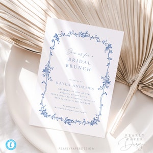 Blue Floral Bridal Shower Brunch Invitation Template, Vintage Botanical Bridal Brunch Invite, Toile Printable Shower Invite, Templett #077