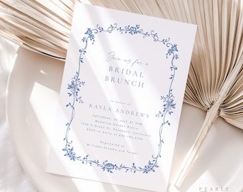 Blue Floral Bridal Shower Brunch Invitation Template, Vintage Botanical Bridal Brunch Invite, Toile Printable Shower Invite, Templett #077
