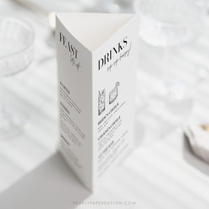 Minimalist Trifold Table Number With Cocktails, Modern Wedding Menu Template, Printable Trifold Menu, Trifold Table Numbers, Templett #059