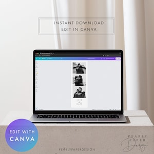 Puede incluir: Un ordenador port&aacute;til muestra una plantilla de Save the Date en blanco y negro con tres fotos de una pareja. La pantalla muestra el texto "Instant Download Edit in Canva". Un c&iacute;rculo morado con "Edit with Canva" est&aacute; en la parte inferior izquierda.