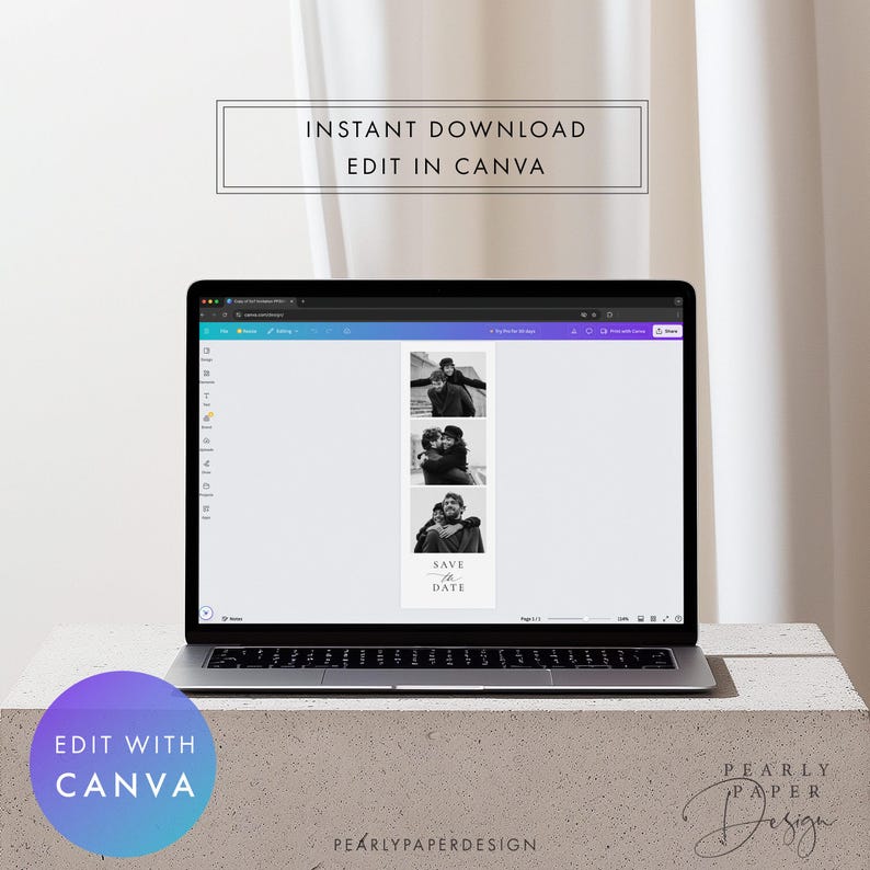 Puede incluir: Un ordenador port&aacute;til muestra una plantilla de Save the Date en blanco y negro con tres fotos de una pareja. La pantalla muestra el texto "Instant Download Edit in Canva". Un c&iacute;rculo morado con "Edit with Canva" est&aacute; en la parte inferior izquierda.
