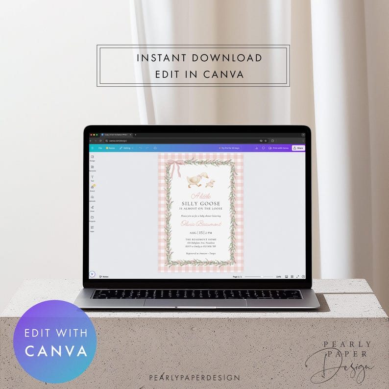 May include: A laptop displays a baby shower invitation with a pink gingham background and a whimsical goose illustration. The text reads "A little Silly Goose is almost on the loose." The screen also shows "Instant Download Edit in Canva."
