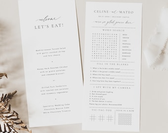 Classic Wedding Menu Activity Template, Modern Wedding Game Sheet Menu Cards, Wedding Activity Game Card, Editable Template #CELINE