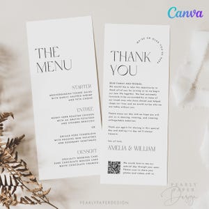 Dankkarte für die Hochzeit mit QR-Code und Menü, Minimalistische Abendkarte und Danke-Tischkarten, Dankeschön-Karte für die Hochzeit, Canva Template #AW01