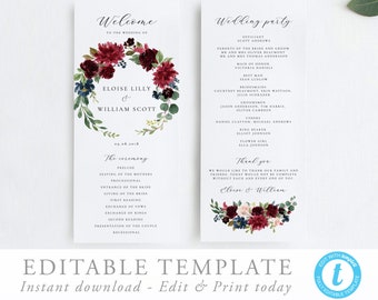 May include: Editable wedding ceremony program template with a floral wreath design in shades of burgundy, navy blue, and green. The text includes the names Eloise Lilly and William Scott, the date 09.08.2018, and the ceremony order.