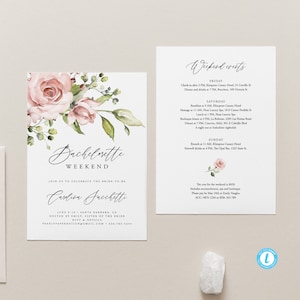 May include: A white invitation card with a floral design featuring pink roses and green leaves. The text reads "Bachelorette Weekend" and includes event details and the bride's name, Carolina Jacchetti. A second card lists weekend events.