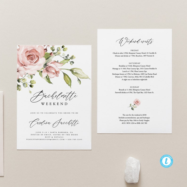 May include: A white invitation card with a floral design featuring pink roses and green leaves. The text reads "Bachelorette Weekend" and includes event details and the bride's name, Carolina Jacchetti. A second card lists weekend events.