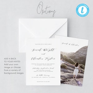 May include: Wedding invitation with a white background and black text. The invitation reads "Together with their family, Sarah Wright and Charles Taylor request the pleasure of your company to celebrate their marriage, Saturday, September first, two thousand eighteen, three o'clock in the afternoon, La Villa Tuscany, 497 Meadow Lane, Temecula, California. Reception to follow."