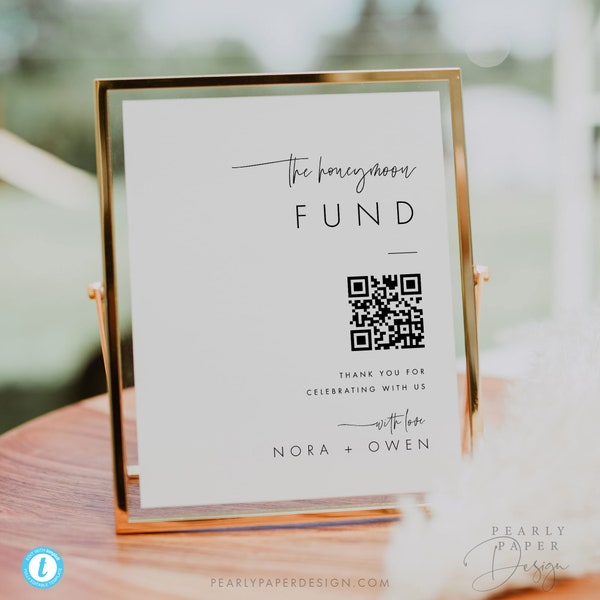 Honeymoon Fund Sign Template, Minimalist Wedding Honeymoon QR Code Sign, Venmo QR Code Wedding Sign, Honeymoon Cash Gift Sign, Templett #064