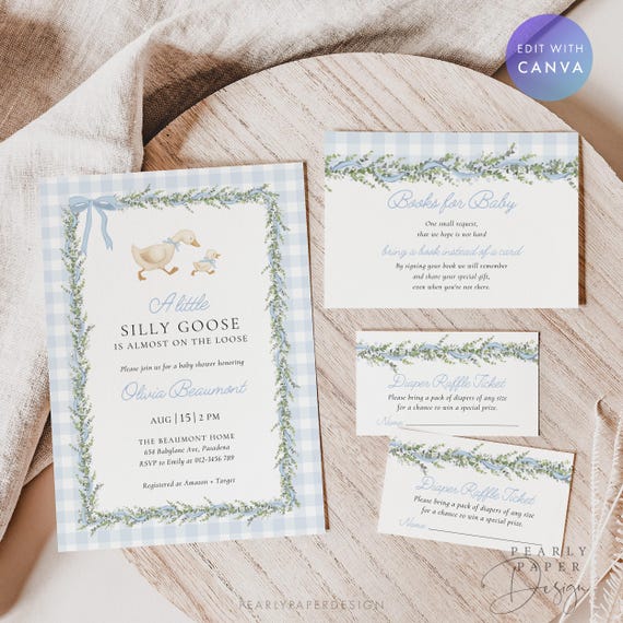 Blue Silly Goose Baby Shower Invitation Set, Blue Gingham Boy Baby Shower Invite with Diaper Raffle and Books for Baby, Canva #SG2512
