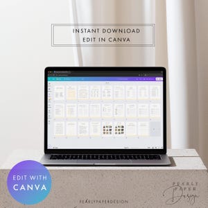 Może przedstawiać: Laptop wyświetlający cyfrowy szablon dokumentu. Ekran pokazuje wiele stron z tekstem i obrazami. Tekst na ekranie zawiera "Natychmiastowe pobieranie" i "Edytuj w Canva". Fioletowe koło z napisem "Edytuj w Canva" znajduje się w lewym dolnym rogu.