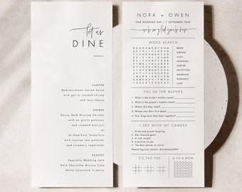 Minimalist Wedding Menu Activity Game Template, Classic Wedding Game Sheet Menu Cards, Wedding Activity Game Card, Editable Template #064