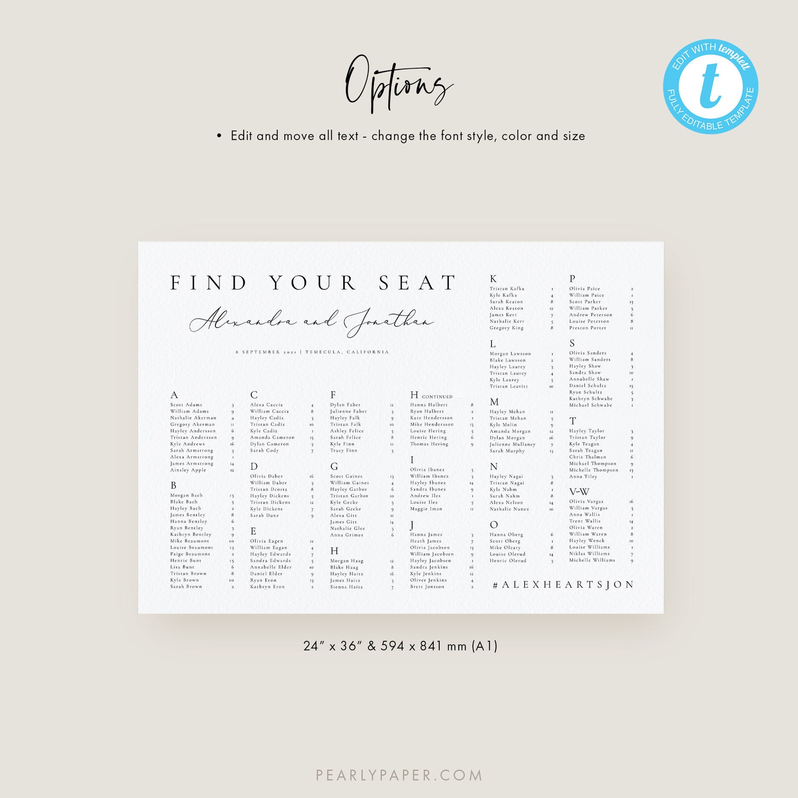 Alphabetical Seating Chart Template Download Minimalist - Etsy