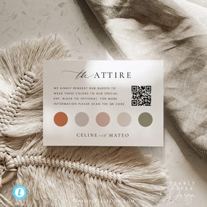 Modèle de carte de tenue de mariage, carte d'insertion de code vestimentaire d'invité Templett avec code QR, carte de code vestimentaire d'invité de mariage, palette de couleurs #CELINE