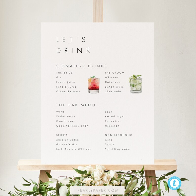 Printable Bar Menu Template Signature Cocktails Sign Download Elegant Wedding Bar Sign Modern Sign Signature Drink Sign Templett #21 