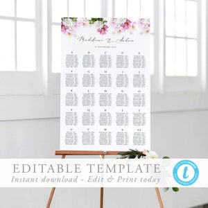 Seating chart Alphabetical Floral Alphabetized seating chart template Editable seating sign Printable Wedding Seating Plan Sign Templett 13