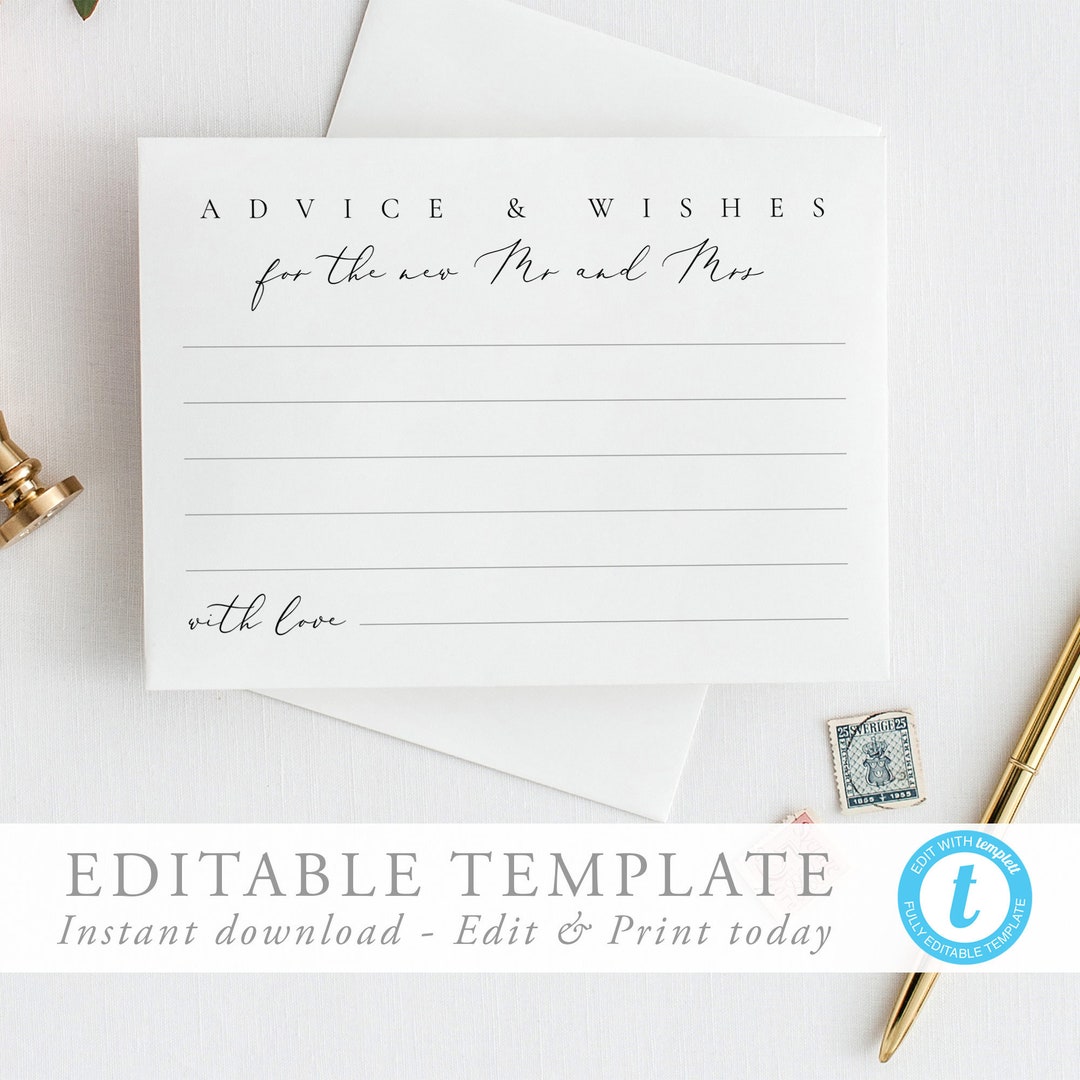 Modern Wedding Advice Card Advice and Well Wishes Editable Template ...
