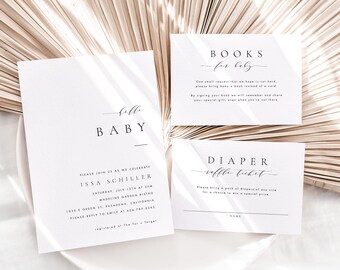 May include: Three white cards with black text. The top card says "Books for baby" and has instructions for guests to bring a book instead of a card. The middle card is a baby shower invitation for Issa Schiller. The bottom card says "Diaper Raffle Ticket" and asks guests to bring a pack of nappies for a chance to win a prize.