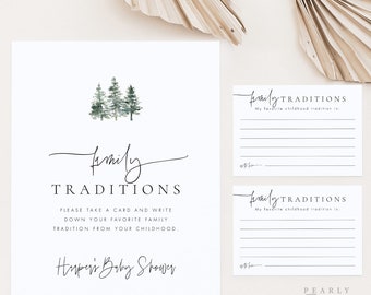 Family Traditions Sign and Card, Boho Rustic Baby Shower Game Template, Childhood Traditions, Editable Baby Shower Game, Templett #M068