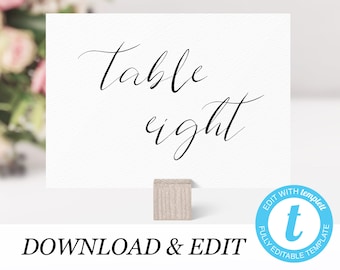 Calligraphy Table numbers template Templett Wedding Table number sign printable template Editable table number DIY instant download