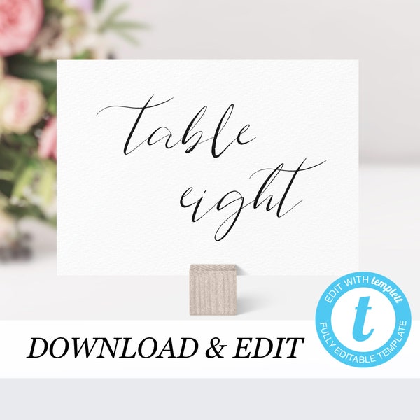 Calligraphy Table numbers template Templett Wedding Table number sign printable template Editable table number DIY instant download