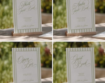 Green Stripe Wedding Signage Bundle, Wedding Reception Signs, Sage Green Table Signs, Edit in Canva
