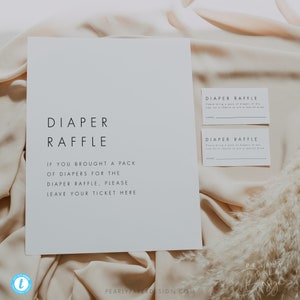 Diaper Raffle Game Template, Minimalist Baby Shower Game, Printable Raffle Ticket Insert and Sign, Editable template Templett #M21