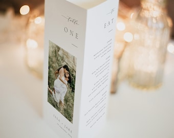 Elegant Trifold Table Number with Photo, Modern Wedding Menu Template, Printable Trifold Menu table numbers with Photo, Templett #ISSA