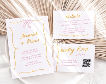 Whimsical Wedding Invitation Set Template, Summer Wedding Invite, Handwritten Trendy Wedding Invitation Suite, Templett #074