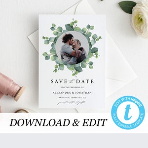Eucalyptus Save the Date Template Printable Invitation Photo Save the Date Templett Rustic wedding invites Wedding DIY instant download 04