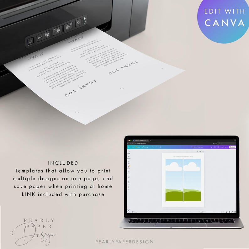 May include: A laptop screen shows a Canva design template for a printable thank you card with a blue sky, white clouds, and green hills. The text "Thank You" is printed on a sheet of paper coming out of a printer. The text "Edit with Canva" is on a blue and purple circle.