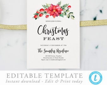 Christmas Dinner Holiday Party Invitation Editable Template