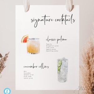 Modèle de menu de cocktails imprimable Signature Cocktails Sign Bar à télécharger Panneau de bar de mariage Panneau moderne Panneau de boisson signature Templett #43