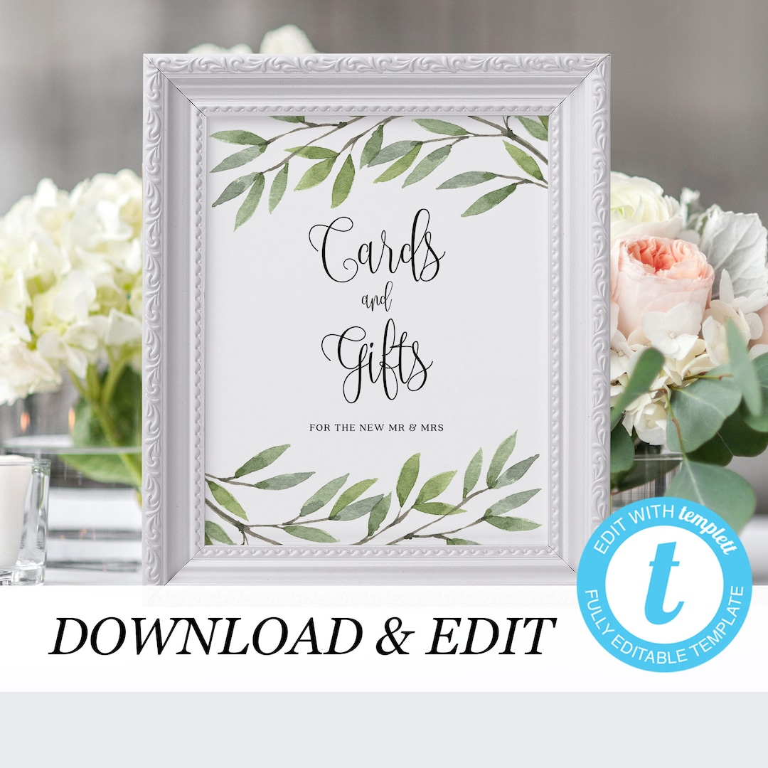 Editable Cards and Gifts Sign Template Rustic Cards Sign Greenery ...