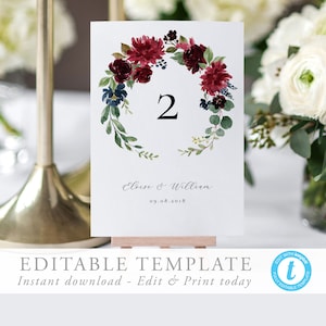 Números de mesa Plantilla Tarjetas de números de mesa para bodas Boda Marsala Tarjetas de mesa florales burdeos y azul marino Asientos editables Templett 12