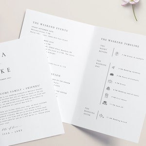 May include: A wedding weekend timeline with a white background and black text. The timeline includes events like a welcome dinner, wedding ceremony, photos, dinner, wedding cake and toasts, first dance, send off, and wedding brunch. The text includes the dates and times of each event.