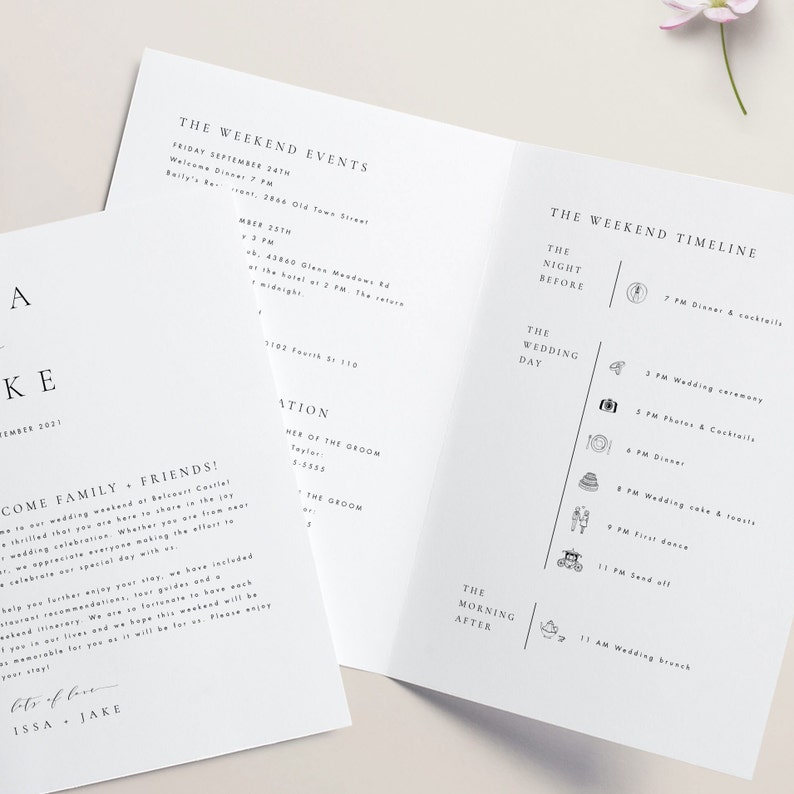 May include: A wedding weekend timeline with a white background and black text. The timeline includes events like a welcome dinner, wedding ceremony, photos, dinner, wedding cake and toasts, first dance, send off, and wedding brunch. The text includes the dates and times of each event.