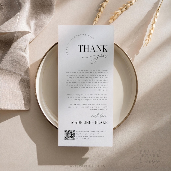 Wedding Thank You Note with QR Code, Minimalist Thank You Table Cards, Simple Thank You Card, Place Setting Note, Edit in Canva #MB01 MADDIE