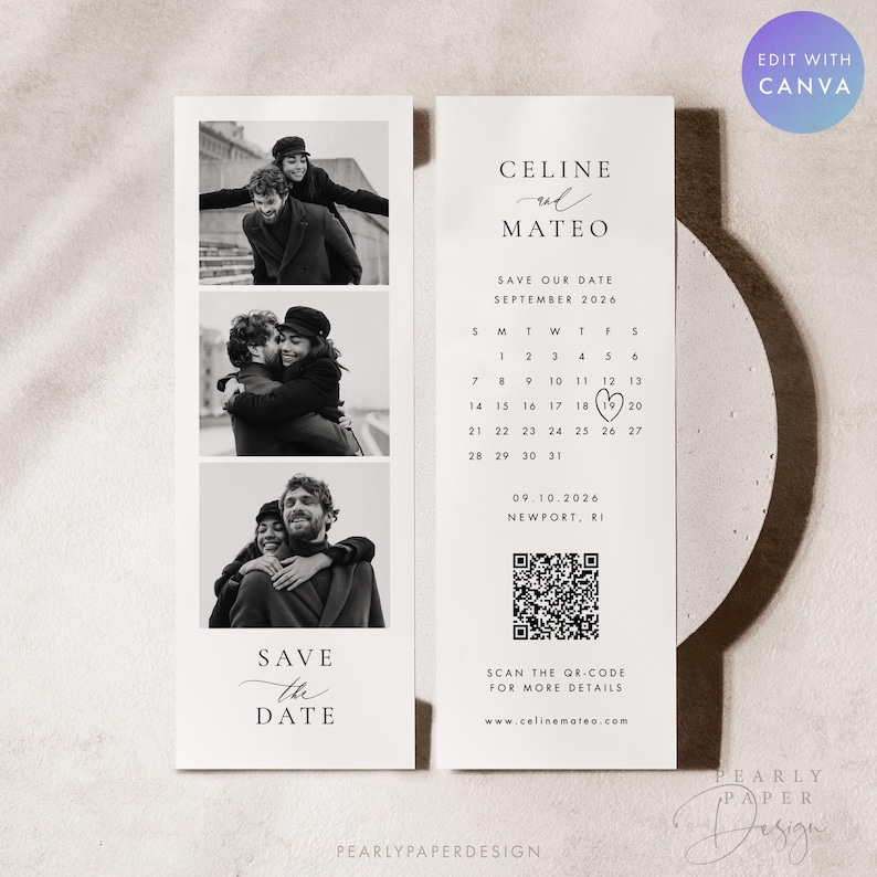 Puede incluir: Tarjeta de boda en blanco y negro con tres fotos de una pareja. La tarjeta incluye los nombres "Celine y Mateo", un calendario de septiembre de 2026 y un c&oacute;digo QR. Tambi&eacute;n est&aacute; presente el texto "Save the Date".