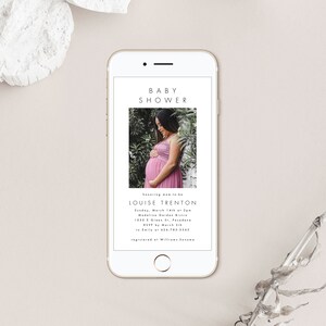 May include: A white smartphone screen displaying a baby shower invitation for Louise Trenton. The invitation includes the date, time, location, and RSVP information. A photo of the expectant mother is featured in the top half of the screen.