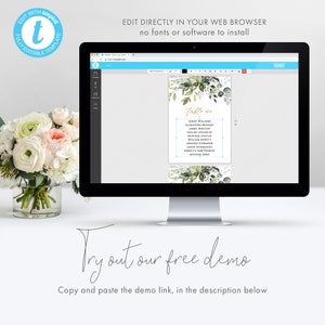 May include: A computer screen displaying a wedding table seating chart template with a green and white floral design. The text "Table One" is in gold lettering. The template is editable in a web browser. The text "Try out our free demo" is below the screen.