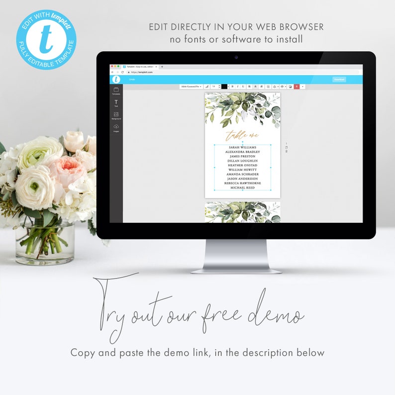 May include: A computer screen displaying a wedding table seating chart template with a green and white floral design. The text "Table One" is in gold lettering. The template is editable in a web browser. The text "Try out our free demo" is below the screen.