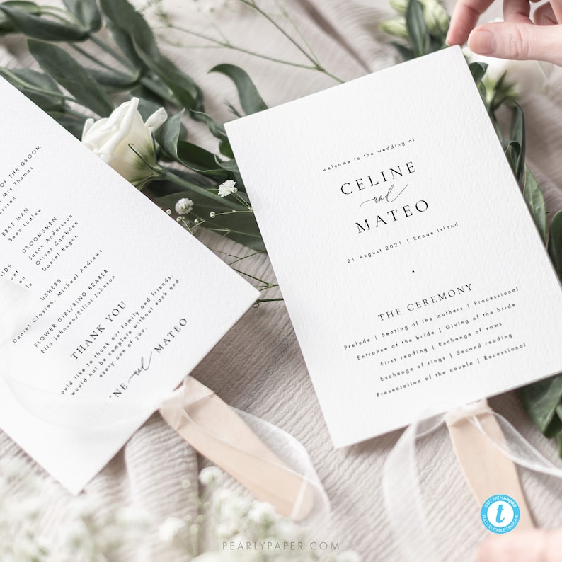 Printable Wedding Ceremony Program Fan Template Simple Modern | Etsy