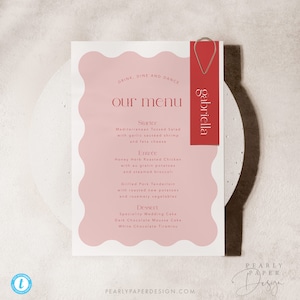 Retro Menu Template Download with place card tags, Wave Pink and Red Modern Wedding Menu Modern Menu Editable Place card Templett #057